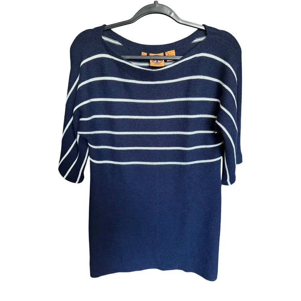Tory Burch Cashmere Silk Striped Knit Sweater Top Navy White Size Medium